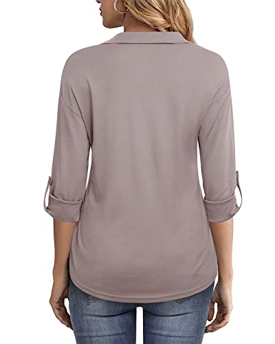 Vivilli Womens Blouses For Work Dress Shirts And Blouse V Neck Relaxed Fit Cotton 3/4 Cuffed Sleeve Collared Shirts For Office Wear Lightweight Dressy Tops For Women Work Casual Adobe Rose L #TOP2
