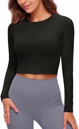 Fisoew - Camiseta deportiva para mujer con protección UPF 50+ contra el sol, manga larga, cuello redondo, para yoga, entrenamiento, crop top transpirable, ajuste slim, camisetas de manga larga, Negro