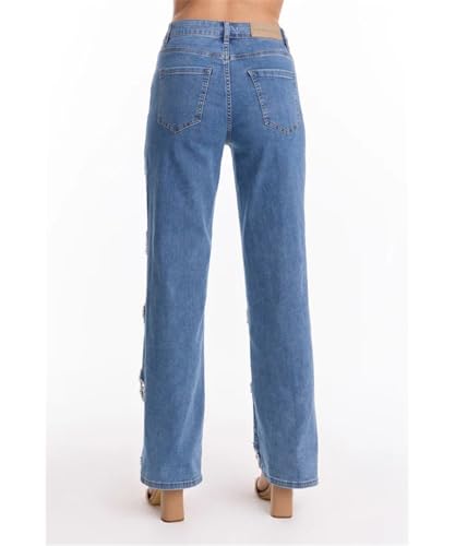 Women's High Waisted Wide Leg Jeans Trendy Stretch Pearl Floral Openwork Embellished Denim Pants3