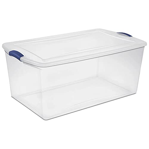 Image of PuPLUM 105 Qt. Latch Box Plastic Storage Bin Tote Organizing Container With Durable Lid, Stackable and Nestable Snap Lid Plastic Storage Bin, 1 Pack, Clear With Blue Buckle
