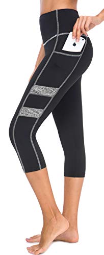 Neonysweets Women's Workout Leggings Phone Pocket Running Yoga Pants (Large, YogaCapris2043-Black/Gray)