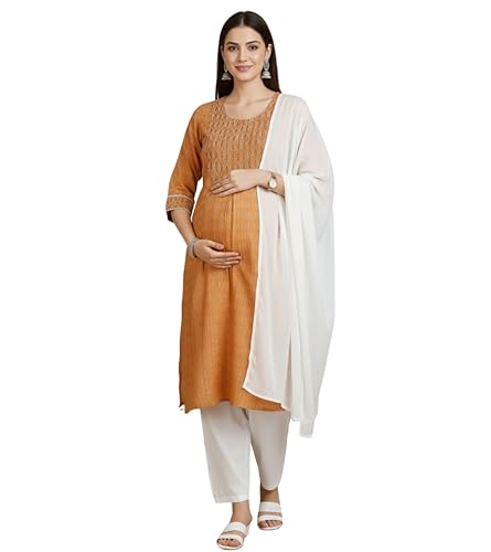 Image of DUMMY SHAPE Feeding Dresses for Women Full Set | Cotton Blend Floral Embroidered Kurta Pant Dupatta Suit with Nursing Zippers to Pre & Post Pregnancy | Gift for Pregnant Woman
