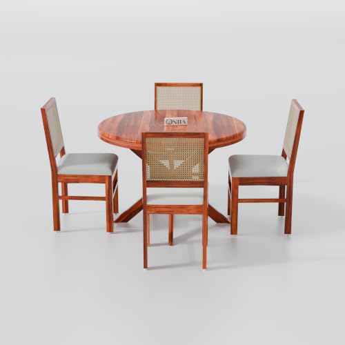 Image of ONIJA Solid Sheesham Wood 4 Seater Rattan Cane Dining Table Set with Cushioned Chairs for Dining Room | Living Room | Home & Office | Hotels Restaurant & Cafe (4 Seater, Honey Finish)
