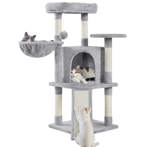 Yaheetech Kratzbaum Katzenkratzbaum 107cm Stabiler Kletterbaum, mit Katzenhaus Katzenbett Liegemulde Sisalseil, Hellgrau