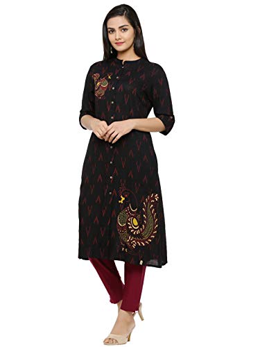 Image of Juniper Black Rayon Slub Printed A-Line Kurta