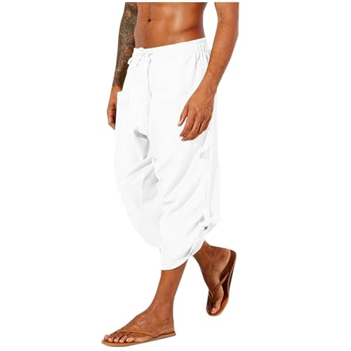 Capri Pants for Men Lightweight Loose 3/4 Shorts Drawstring Elastic Waist Casual Beach Boho Yoga Trousers Multi Pockets