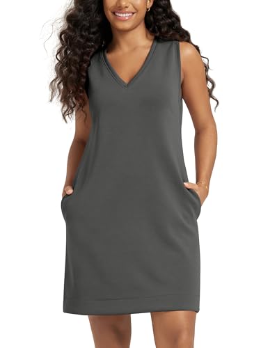 Image of ODODOS Modal Soft V-Neck Tank Dress for Women Sleeveless Sundress Casual Relaxed Summer Dress with Pocket, Charcoal, Large