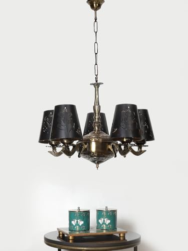 Image of Devansh 05 Lights Ganesh Ji Metal Etched Shade with Antique Golden Chandelier -ZD