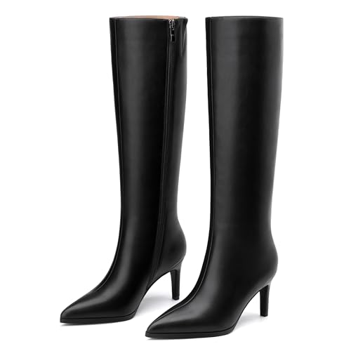 Image of ROSERWISH Women's Knee High Boots Pointed Toe Low Kitten Heel Tall Boots Comfortable Casual Fall Long Boots With Side Zipper