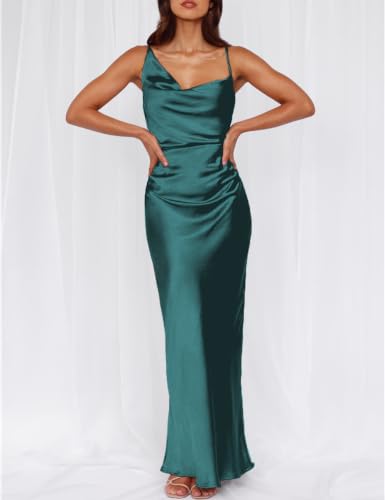 Image of Formal Satin Silk Spaghetti Strap Maxi Dresses for Women Wedding Guest