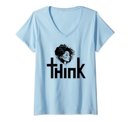 Denken Wort und weibliches Gesicht denken träumen dystopischen Traum T-Shirt mit V-Ausschnitt