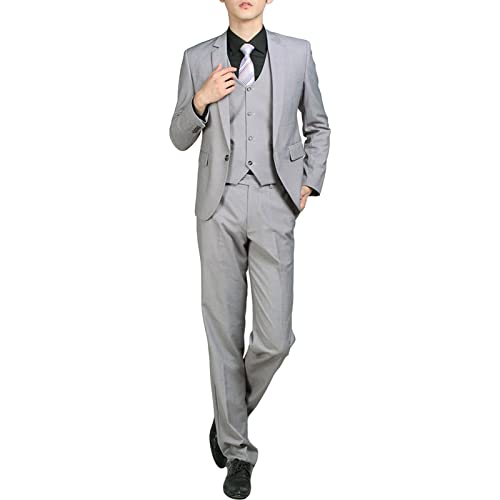 Men' 3 Piece Solid Color Suit Set Single Breasted Slim Jacket Vest Pants Formal Business Wedding Prom Blazer Sets (Light Grey,X-Small)