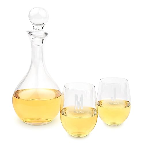 Weddingstar Custom Engraved Glass Decanter Gift Set with Wine Glasses - Sans Serif Monogram