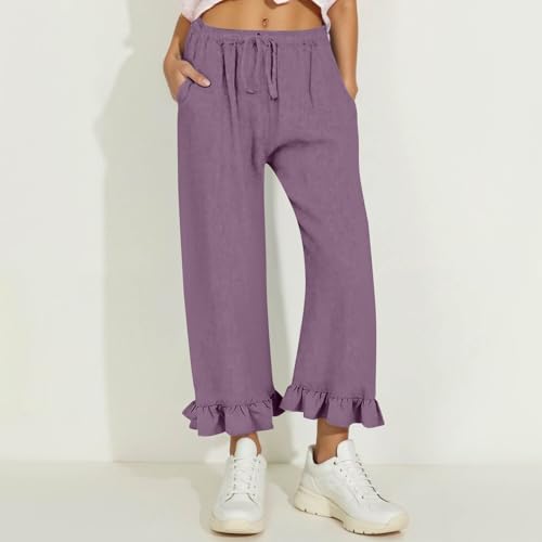 Linen Capri Pants for Women Cute Summer Loose Ruffle Drawstring High Waisted Lounge Wide Leg Pants with Pockets Bottoms2