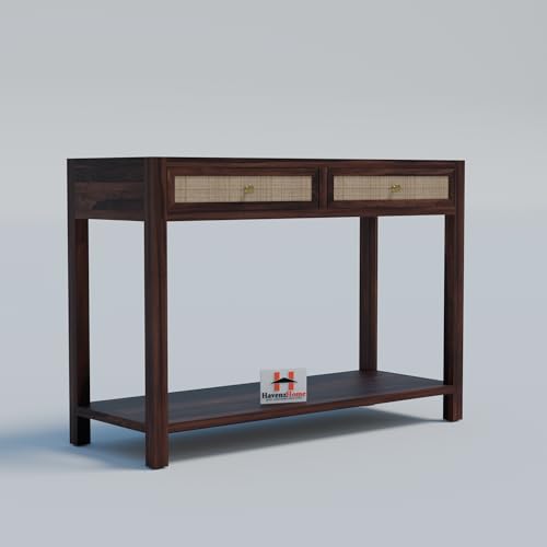Image of Solid Wood Console Table with 2 Drawers & Bottom Shelf Storage for Living Room, Entryway, Hallway, Bedroom & Office | Walnut Finish | 42 x 15 x 30 Inch