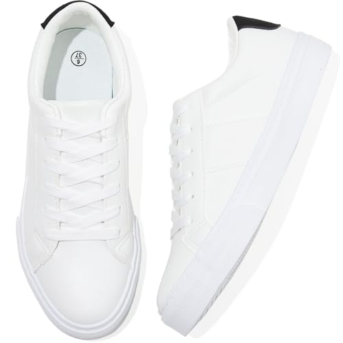 Image of Adokoo Women's Fashion Sneakers PU Leather Casual Shoes White Tennis Low Top Shoes Womens Lace Up Sneakers