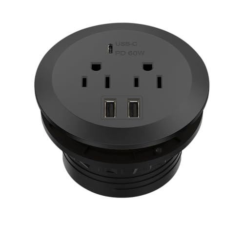 TOPGREENER Desktop Power Grommet with 65W PD Fast Charging USB C, GaN Desk Grommet for MacBook, 2 USB-A Ports and Duplex Receptacles, 3” Diameter Power Grommet, TTRP48APD60-BK, Black
