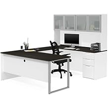 Bestar Pro-Concept Plus U-Shaped Executive Desk with Pedestal and Frosted Glass Doors Hutch, White/Deep Grey