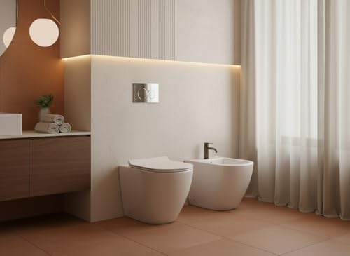 Coppia Sanitari Bent Rimless – Vaso + Bidet Filo Muro a Terra – Senza Brida, Coprivaso Soft-Close (Bianco Lucido)
