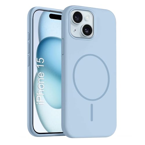 Image of iPhone 15 Silicone Magsafe Case | Shock Proof Design & Camera Protection | Premium Rubberised Apple iPhone 15 Cover (Microfiber Lining) | Magnetic Liquid Silicone - Sky Blue