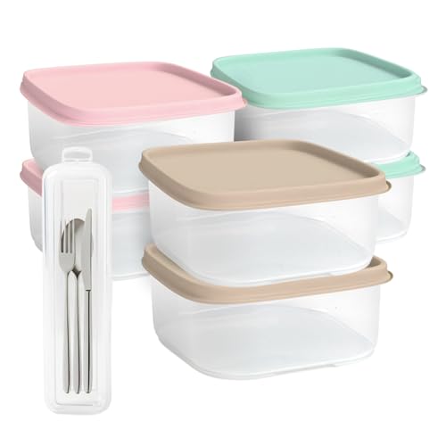 ELENANO Juegos Taper Plastico de 6 ud sin BPA de 600 ml con Portacubiertos Envases de Plastico con Tapa de 13x13x6 cm - Envases para Alimentos - Fabricado en España (6 ud 600 ml)