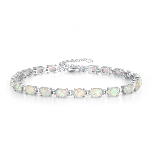 CiNily Opal Tennis Bracelet for Women 14K White Gold Plated Adjustable Oval Shape Gemstone Bracelet Opal Jewelry, 9.5 inches, Copper, Created Opal