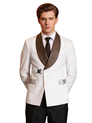 Men's White Slim Fit Shawl Lapel Tuxedo Suit Set with Belt Rhinestones on Collar & Pockets, Black Pants for Prom3