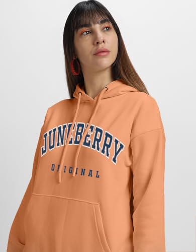 Image of JUNEBERRY Fleece Oversized Baggy Fit Hooded Sweatshirt Drop Shoulder Typographic Logo Printed Full Sleeve Hoodie for Women (Availabe Colors: Copper Tan, Rust & Red)