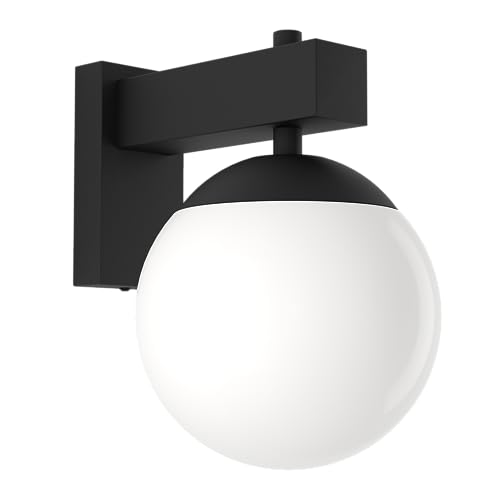Eglo Bufalata Aplique para exteriores, iluminación exterior, lámpara de pared exterior de metal negro, globo de plástico blanco, casquillo E27, IP44