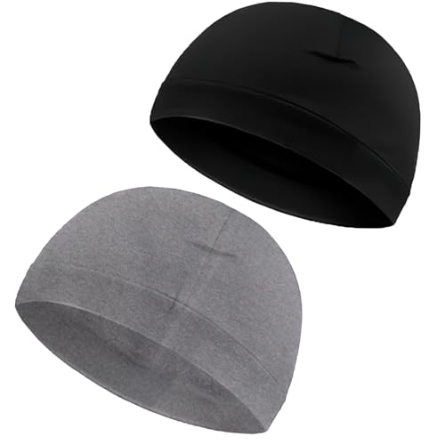 2 Pezzi Cappello Cotone Uomo,Traspiranti Cotone Skull cap,Leggero Multifunzione Copricapo per la Notte, Casco Moto, Casco Bici(Nero e Grigio)