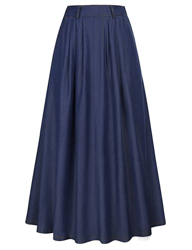 Lightweight Long Denim Skirts for Women A-line Jean Maxi Casual Skirt with Pockets Elastic Waist