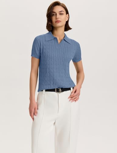 Image of Micoson Womens Short Sleeve Sweater Tops Lapel V Neck Polo Shirts 2026 Summer Cable Knit Loose Blouse Business Casual Outfits