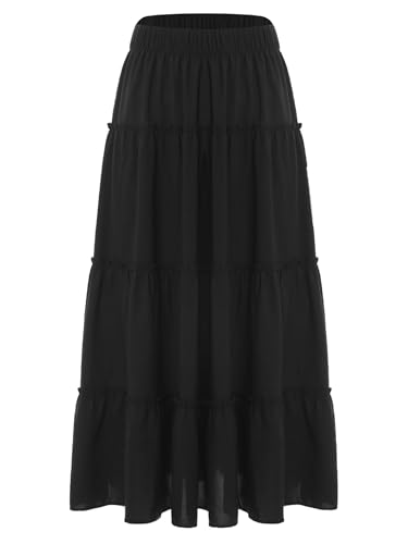 Versatile A-Line Midi Skirt for Womens Elastic Waist Ruffled Tiered Swing Skirts Outfit3