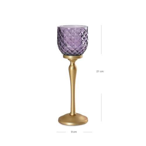 Image of Pure Home + Living Purple Diamond Cut Hurricane - Small Candle Holders for Home Decor with Glass Hurricane, Dining Table Decor, Candle Holder, Decorative Candle Stands for Home Decor