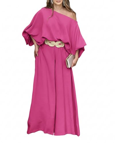 Image of CHICME Women Summer 2 Piece Outfits Off Shoulder Top Flowy Wide Leg Pants Set Vacation Travel Airport Outfits