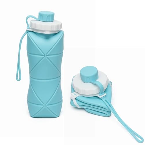 Image of Silicone Folding Water Bottle 600ML for Travel, Gym, Office, School - Food Grade, Leakproof, Lightweight & Reusable | Portable Collapsible Bottle for Men & Women (Blue)