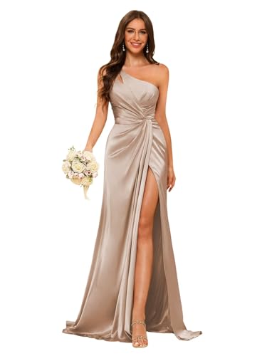 Image of vintys Women's One Shoulder Ruched Bridesmaid Dresses Long with Slit Satin Formal Prom Dress VS117