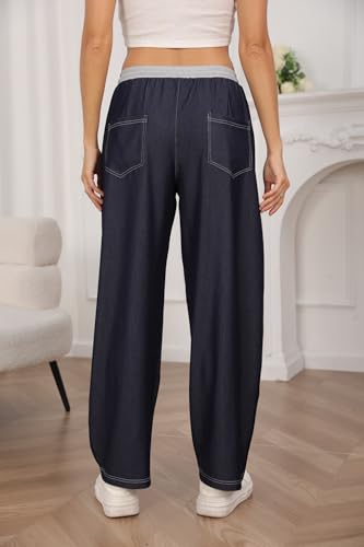 Women's Lightweight Barrel Jeans High Waist Drawstring Pull On Casual Baggy Denim Pants with Pocketss2