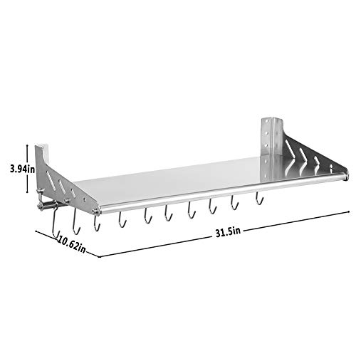 Funan Mountain Stainless Stell Wall Mount Shelf With Hooks 304 Bathroom Kitchen Commercial Shelf Rack Restaurant Bar Multifunctional Storage Shelf (10.63, 31.5) #TOP2