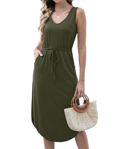 Image of Hount Womens V Neck Sleeveless Casual T Shirt Dress Summer Midi Dress with Pockets