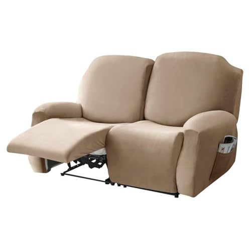 MKKBOB Recliner Covers with Pockets, Solid Color Velvet Reclining Chair Covers Slipcovers for Recliners Sofa Cover Anti-Slip Stretch Arm Covers for Couch Chaise(Camel,2SEATER (6PCS))