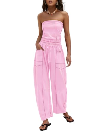 LAMISSCHE Womens Casual Strapless Jumpsuits off the Shoulder Summer Rompers Sleeveless One Piece Outfits with Pockets(Pink,M)
