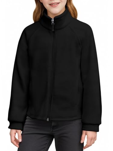 Haloumoning Mädchen Fleecejacke Stehkragen Full Zip Kinder Leicht Jacke Outdoor Unisex Übergangsjacke Sport Warm Winterjacke, Schwarz, 13-14 Jahre
