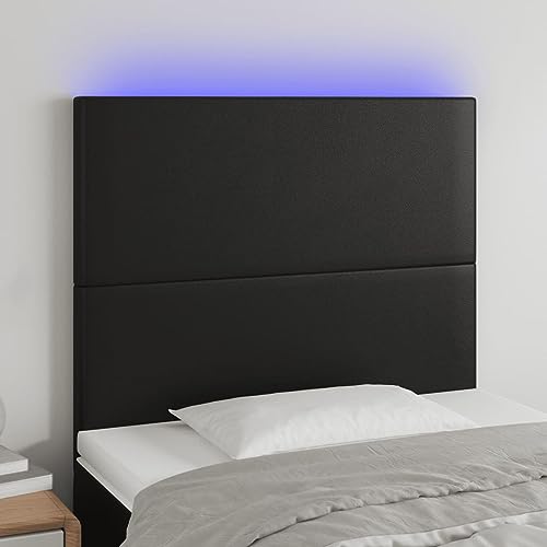 LAPOOH Cabecero con Luces LED, Cabeceros Cama, Cabeceros Moderno, Cabezales Cama, Muebles Habitacion, Mueble Cabecero,Cama Cabeza, Cuero sintético Negro 90x5x118/128 cm