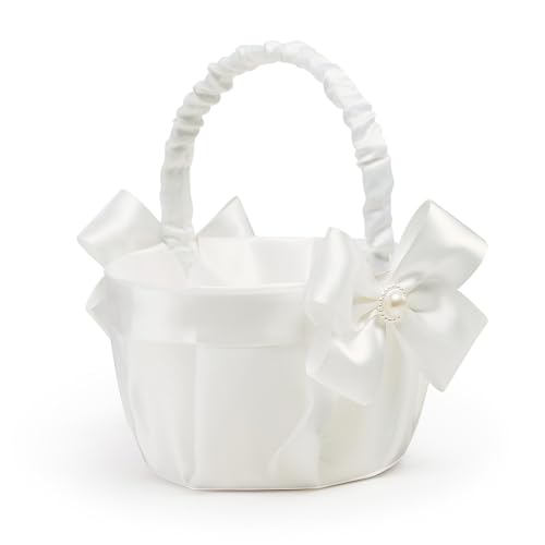 KANECH Ivory Flower Girl Baskets for Wedding, Flower Girl Basket Set of 2, Flower Basket for Flower Girl with Bow - Thumbnail 2