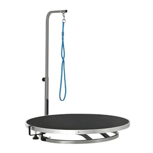 Pawhut Mesa de Peluquería para Mascotas Mesa de Aseo con Base Giratoria Brazo Ajustable de 46-72 cm de Acero Inoxidable con Correa Ø65x10 cm Negro