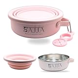 Sajja Stainless Steel Collapsible pet Bowls with Cover| Dog Travel Bowl Set| Dog Walking Water Bowl with Bottle Holder and Silicon Handle| Foldable Bowls for Camping, Hiking| Pet Travel Accessories
