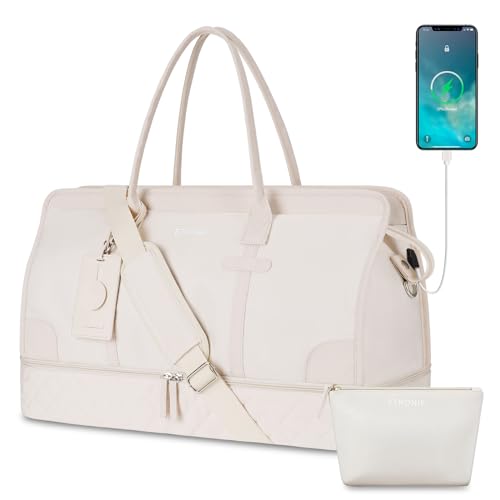 ETRONIK Weekender Overnight Bag for Women, Large Travel Duffle Bag with Shoe Compartment Carry On Tote Bag (Beige with Water Bottle Bag, Large)