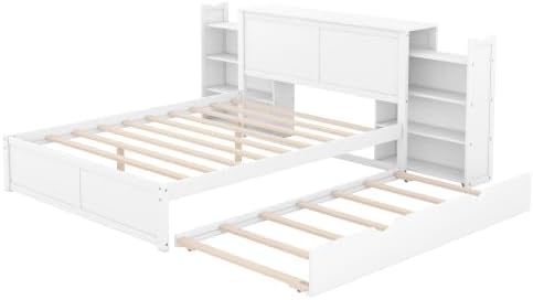 Bellemave Queen Size Platform Bed Frame with Trundle and Pull Out Shelves, Wood Queen Bed Frame with Storage Headboard (White/Trundle & Shelves)