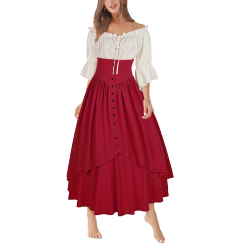 Mingyuezai Women Renaissance Costume Medieval Victorian High Waisted Button Skirt Set(3XL,Z2880RDST)